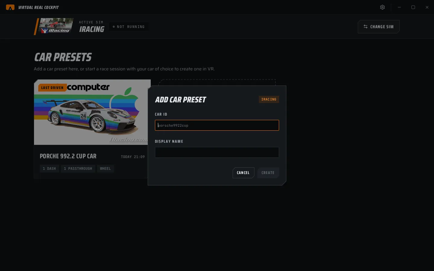Add car preset dialog