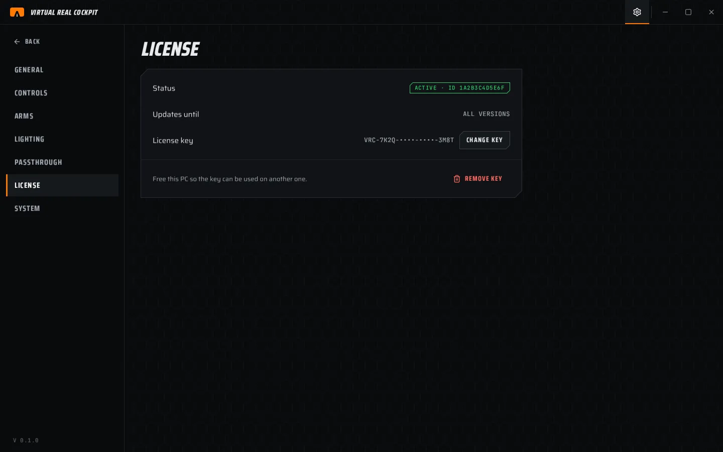 Settings › License, active key