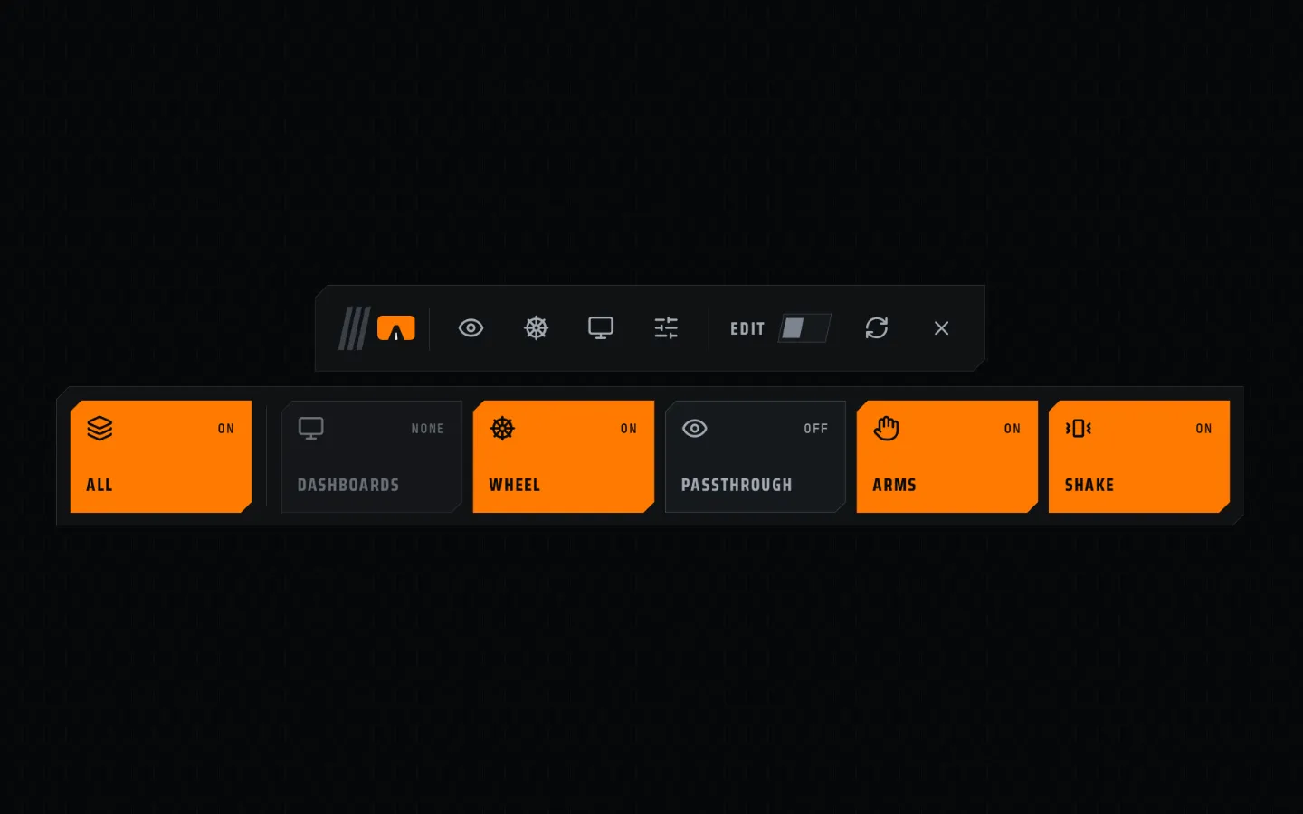 VR menu bar and feature toggles