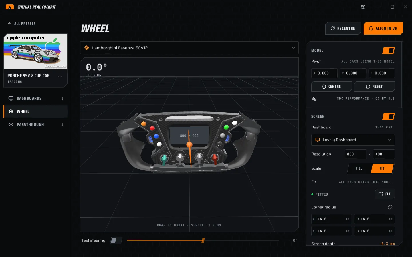 Wheel page, Essenza with a fitted screen